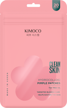 Kimoco Hydrocolloid Pimple Patches, różowe opakowanie z grafiką kwiatów, widoczne 20 sztuk z olejkiem z drzewa herbacianego.