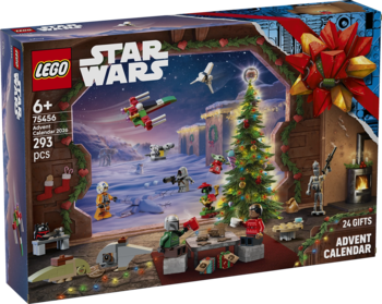 Pudełko LEGO Star Wars Kalendarz Adwentowy 2026, motyw Mandalorianin, świąteczne minifigurki i pojazdy.
