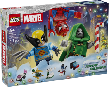 LEGO Marvel Kalendarz Adwentowy 2026 (76340). Pudełko z figurkami Wolverine, Spider-Mana i Dr. Dooma w śniegu.