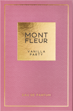 Różowe pudełko perfum Mont Fleur Vanilla Party, widok z przodu, złoty panel i geometryczny wzór.