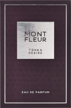 Mont Fleur Tonka Desire Eau de Parfum, ciemne pudełko z geometrycznym wzorem i srebrną etykietą, widok z przodu.