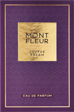 Fioletowe pudełko Mont Fleur Coffee Dream Eau de Parfum z teksturą i złotą etykietą. Widok z przodu.