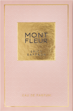 Różowe opakowanie perfum Mont Fleur Spicy Saffron z delikatnym wzorem, złoty panel z napisem, widok z przodu.
