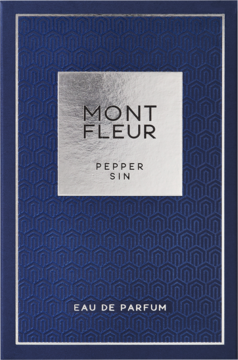 Mont Fleur Pepper Sin EDP, eleganckie granatowe pudełko z geometrycznym wzorem i srebrnym panelem, widok z przodu.