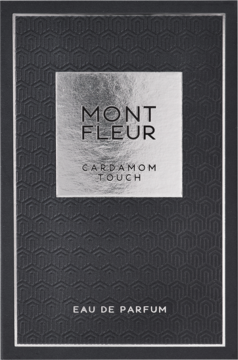 Czarne pudełko perfum Mont Fleur Cardamom Touch EDP z srebrną etykietą i teksturowanym wzorem.