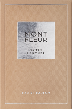 Mont Fleur Satin Leather EDP, drzewno-aromatyczna woda perfumowana w beżowym pudełku, srebrna etykieta, przód.