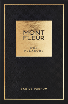 Mont Fleur Oud Pleasure EDP: czarne opakowanie z geometrycznym wzorem, złotym, metalicznym kwadratem.