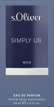 S.Oliver Simply Us Men woda perfumowana 30ml, granatowe pudełko z pionowymi paskami i srebrnym napisem.