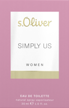 Różowe pudełko s.Oliver SIMPLY US WOMEN Eau de Toilette 30 ml, z białą etykietą i złotym logo, widok z przodu.