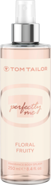 Tom Tailor Perfectly Me Floral Fruity body splash 250ml, widok z przodu. Przeźroczysta butelka z różowym płynem, srebrny korek.
