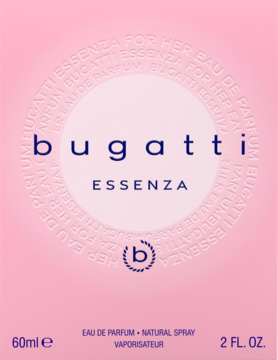 Różowe pudełko perfum bugatti Essenza Eau de Parfum 60ml z wytłoczonym logo i tekstem, widok z przodu.