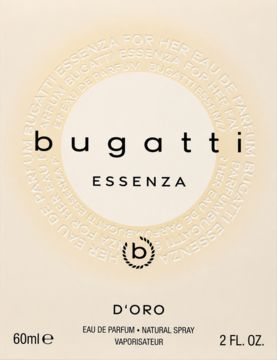 Bugatti Essenza D'Oro damska Eau de Parfum 60ml, beżowe pudełko ze złotym, wytłoczonym napisem.