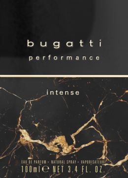 Pudełko perfum Bugatti Performance Intense, czarno-złoty marmurkowy wzór z napisem, widok z przodu.