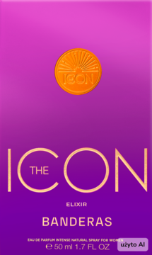 Fioletowo-różowe opakowanie Banderas The Icon Elixir, 50ml perfum dla kobiet, ze złotym napisem ICON. Widok frontalny.
