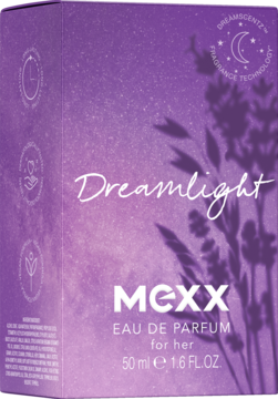 Fioletowe pudełko perfum Mexx Dreamlight Eau de Parfum for her 50 ml, z lawendą i brzoskwinią, dla relaksu.