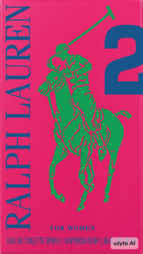 Różowe opakowanie perfum Ralph Lauren The Big Pony 2 dla kobiet, z zielonym jeźdźcem i niebieską cyfrą.