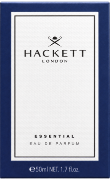 Granatowe pudełko perfum Hackett London Essential Eau de Parfum 50ml, widok z przodu, z białą etykietą i logo.