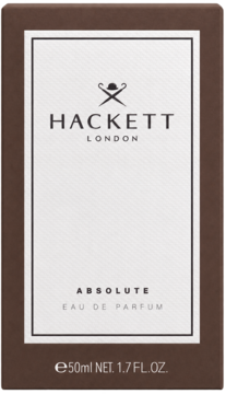 Hackett London Absolute Eau de Parfum, brązowe pudełko z białym panelem, widok z przodu, 50ml.