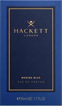 Ciemnoniebieskie pudełko Hackett London Marine Blue Eau de Parfum 50ml ze złotymi napisami, widok z przodu.