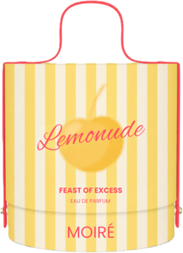 Lemonude Citric Creamy, damska woda perfumowana w żółto-białe paski. Opakowanie w kształcie torebki, z cytryną.