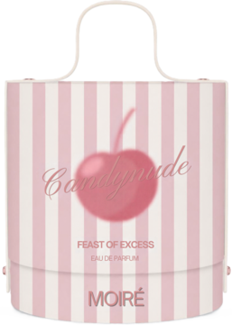 Candynude Pink Marshmallow EDP w różowo-białym pudełku w paski, z wiśnią i uchwytem, widok z przodu.