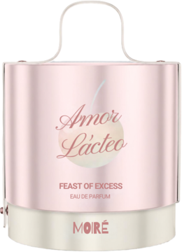 Amor Lácteo woda perfumowana, różowo-kremowe opakowanie z motywem wiśni i uchwytem, widok z przodu.