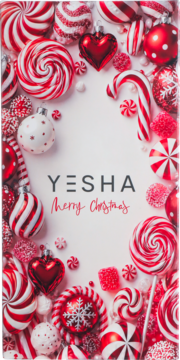 YESHA Merry Christmas greeting framed by red and white swirly candies, lollipops, candy canes, and festive ornaments.