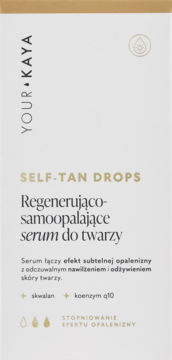 Kremowe opakowanie YOUR KAYA SELF-TAN DROPS, regenerujące samoopalające serum do twarzy, widok z przodu.