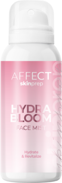 Biała butelka AFFECT Skin Prep Hydra Bloom Face Mist z różową etykietą, widok z przodu. Nawilżająca mgiełka.