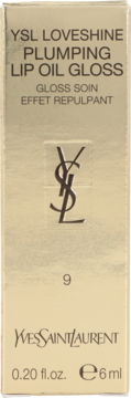 YSL Loveshine Plumping Lip Oil Gloss, odcień 9, w eleganckim złotym kartoniku z logo YSL, widok z przodu, 6ml.