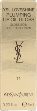 Golden YSL Loveshine Plumping Lip Oil Gloss packaging with black text, YSL logo, and shade 11, front view.