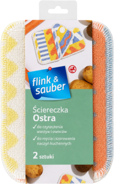 Opakowanie Flink & Sauber Ostra: dwie szorstkie ściereczki, żółta i pomarańczowa, do warzyw/naczyń.
