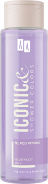 Fioletowy żel pod prysznic AA ICONIC SHOWER COLORS Velvet Violet w przezroczystej butelce z beżową nakrętką. Widok z przodu.