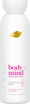 Biała butelka Dove Body+Mind Serum Body Wash, przód, z różowym napisem, witaminą E, smoczym owocem i pierwiosnkiem.