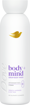 Biała butelka Dove body+mind Serum Body Wash, lawenda i mleko owsiane, z witaminą E, widok z przodu.