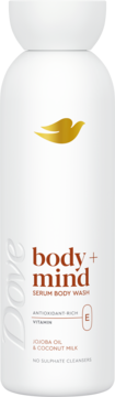 Biała butelka Dove body+mind Serum Body Wash z witaminą E i antyoksydantami, jojoba i kokos, widok z przodu.