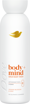 Biała butelka żelu pod prysznic Dove Body + Mind, Orange Blossom & Shea, z witaminą E. Widok z przodu.