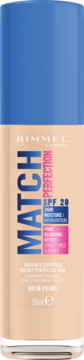 Podkład w płynie Rimmel Match Perfection SPF 20, odcień 001N Pearl, w beżowej butelce z niebieską nakrętką, widok z przodu.