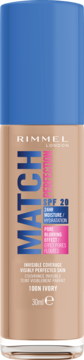Podkład Rimmel Match Perfection 100 Ivory w beżowej butelce z niebieską pompką, SPF 20, 24h nawilżenie.