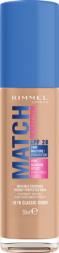 Rimmel Match Perfection podkład 101N Classic Ivory SPF 20 w szklanej butelce z niebieską pompką, widok z przodu.
