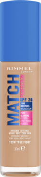 Rimmel Match Perfection podkład 103W True Ivory SPF 20 w beżowej butelce z niebieską nakrętką, widok z przodu.