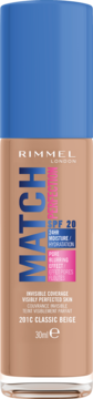 Podkład Rimmel Match Perfection 201C Classic Beige SPF 20, z niebieską nakrętką, 24h nawilżenie, front.