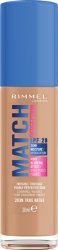 Podkład Rimmel Match Perfection 203N True Beige w butelce, SPF 20, z efektem rozmycia porów, widok z przodu.