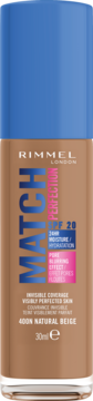 Podkład Rimmel Match Perfection 400N Natural Beige w szklanej butelce z niebieskim dozownikiem. Widok z przodu.