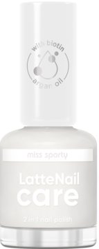 Biały lakier Miss Sporty Latte Nail Care 2w1 z biotyną i olejkiem arganowym, front butelki.