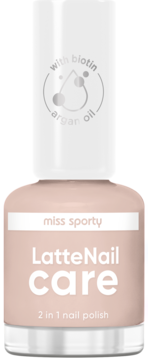 Pielęgnujący lakier Miss Sporty LatteNail Care 2w1 z biotyną i arganem, jasnoróżowy, widok z przodu.