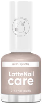 Pielęgnujący lakier Miss Sporty LatteNail care 2 w 1 z biotyną i arganem, w beżowym kolorze. Widok z przodu.