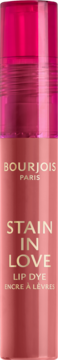 Bourjois Stain in Love Lip Dye, cylindryczna butelka, brzoskwiniowo-różowy dół, fuksjowa zakrętka, widok z przodu.