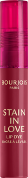 Bourjois Stain in Love Lip Dye w burgundowej butelce z fuksjową nakrętką, widok z przodu, złoty tekst.
