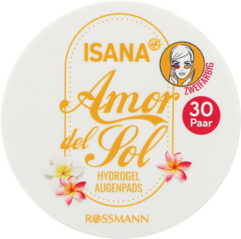 Okrągłe białe opakowanie ISANA Amor del Sol Hydrogel Augenpads, 30 par, z kolorowymi kwiatami i ikoną 'zweifarbig'.